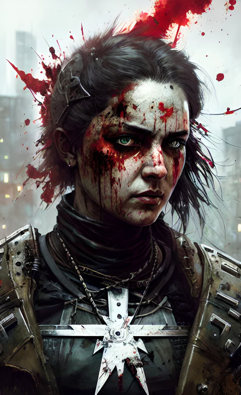AI generated: The witcher fantasy art style of a gothic witch, wearing battle gear, facial scars, poster, highly d...