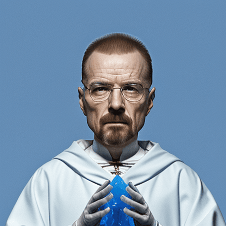 AI generated: walter white super pope, holding blue crystal


