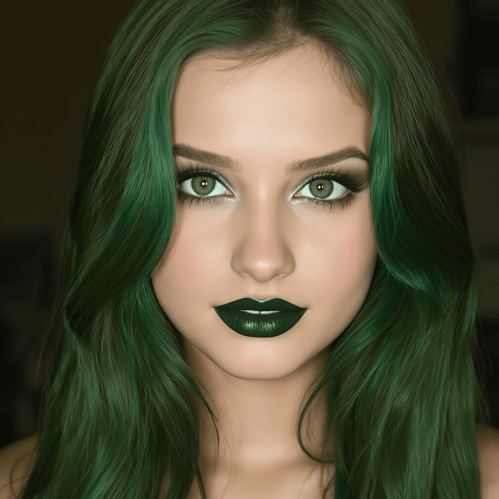 AI generated: Close up portrait, beautiful girl with green long hair, green eyes and beautiful lips. Diamond face,...