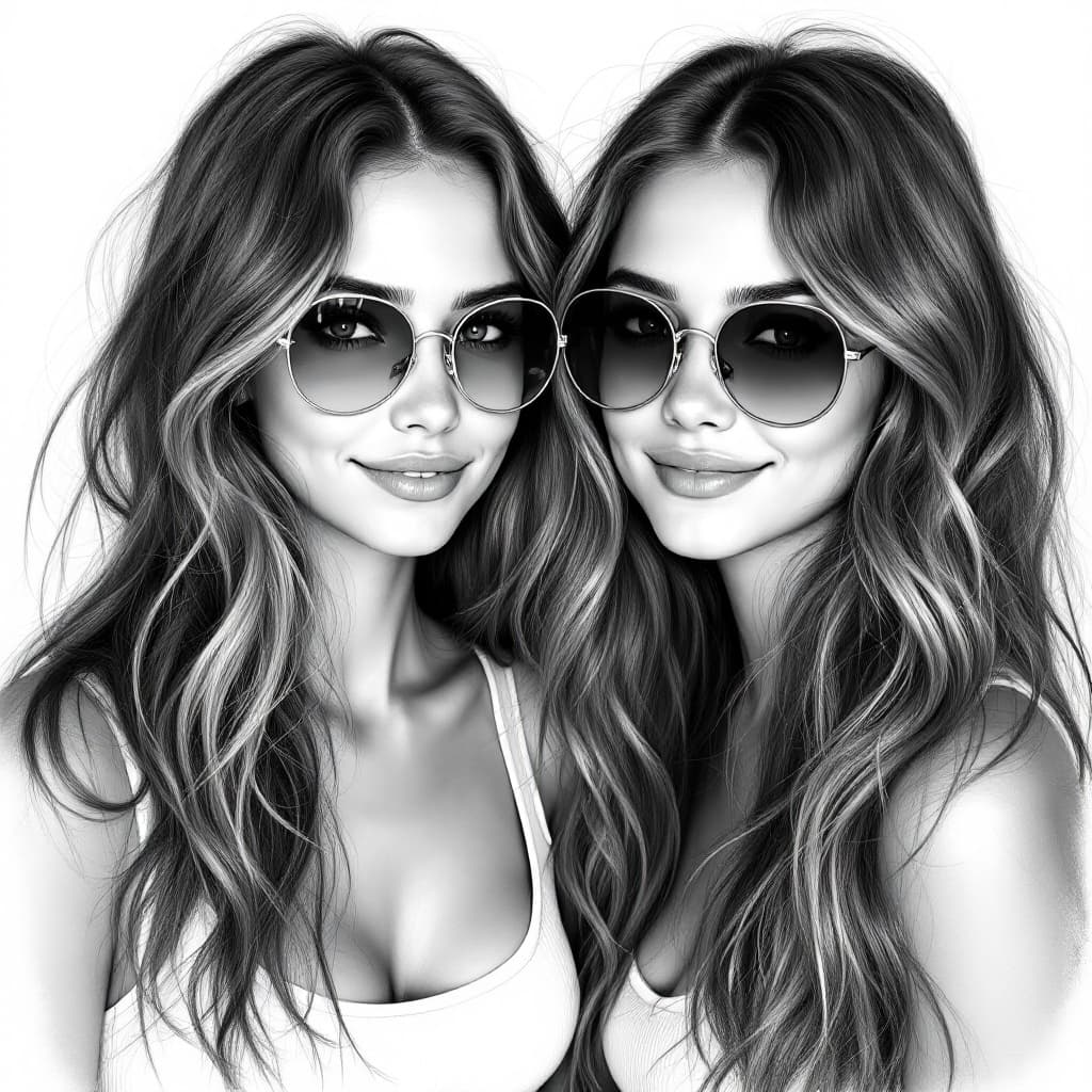 AI generated: This is a digital drawing in a detailed,black and white, realistic style. It features two young wome...