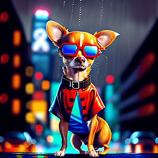 AI generated: Chihuahua dog, red, one eye blue, the other brown, wearing a virtual glasses , and a cool shirt, sta...