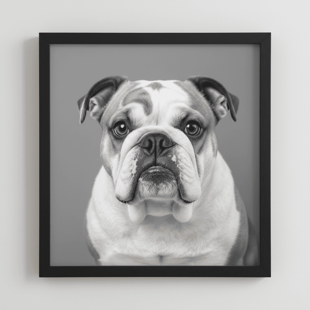AI generated: Generate me an HD ULTRA 8k Black and white photograph of a female english bulldog that is traditiona...