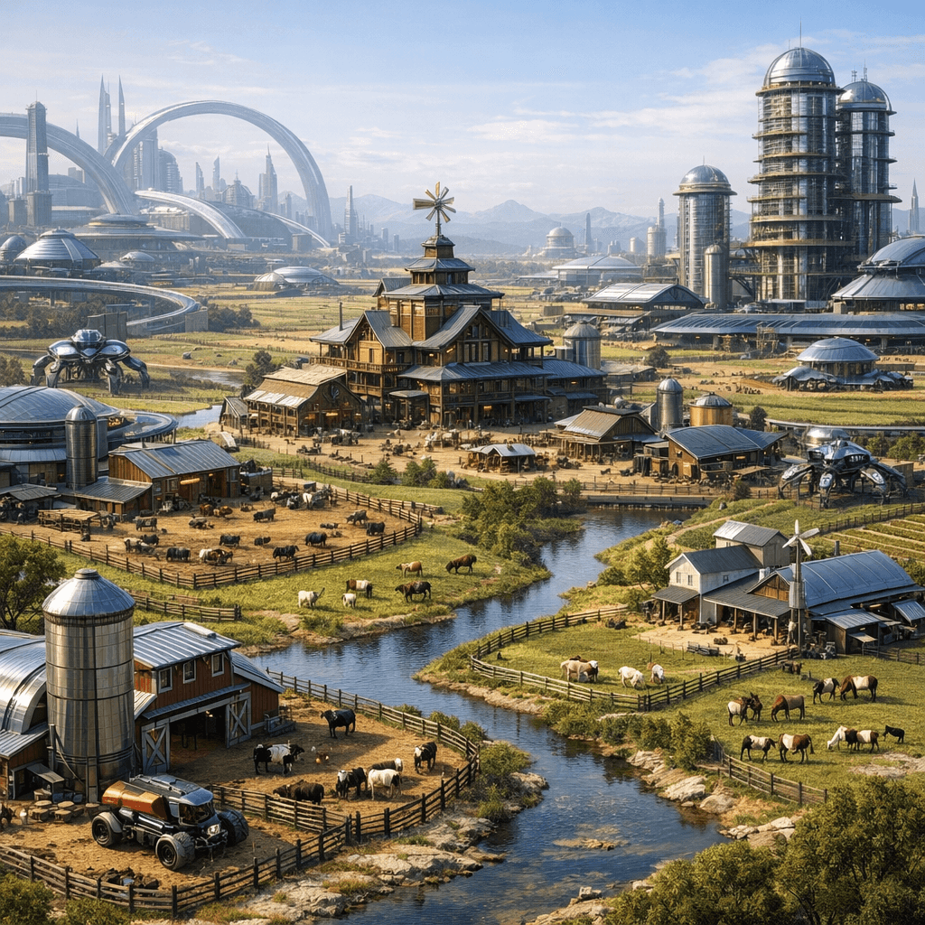 AI generated: Display an aerial view of a sleek, futuristic Old American Western Farming City, a reminder of the G...