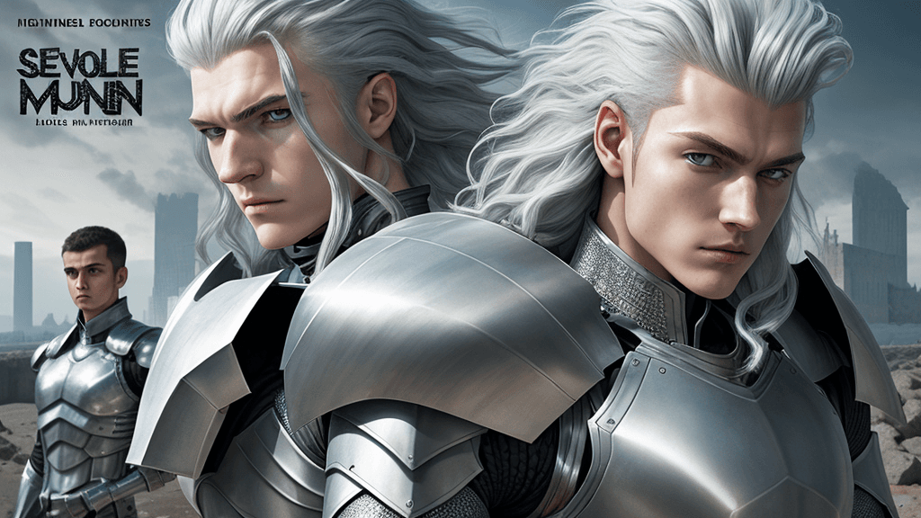 AI generated: Series Cover, armored humans, hair, face, silver theme, fortress