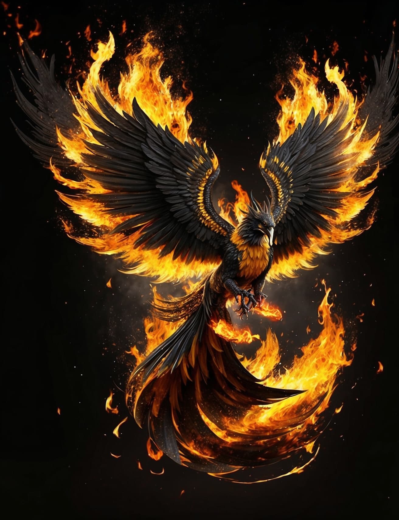 AI generated: Black and gold burning big flames Fenix with Burning wings facing the camera Avatar