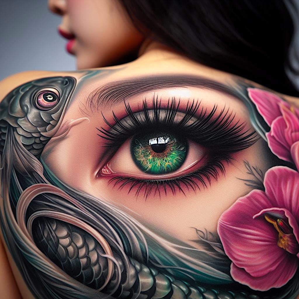 AI generated: Hyper realistic concept art of a tatto. The most realistic eye of a woman, emerald green eyes, eye r...