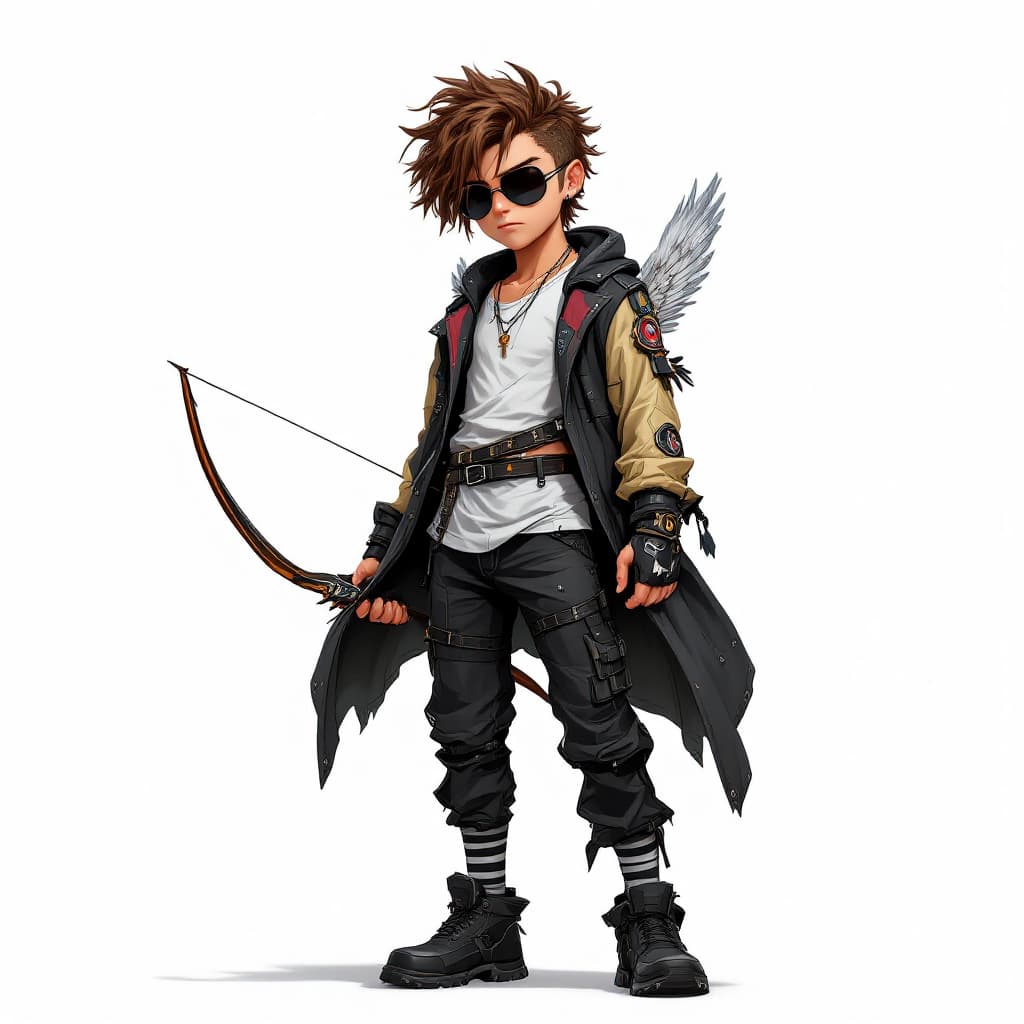 AI generated: mixed race anime boy cupid in dressy street wear with a cyber punk bow and arrow
white background fu...
