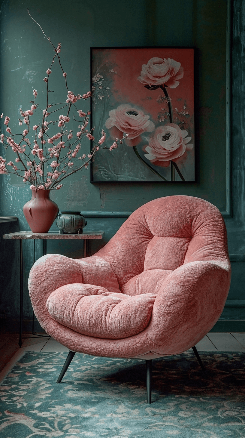 AI generated: envision a sophisticated lounge chair with cashmere fabric in a delicate blush tone, set against a d...