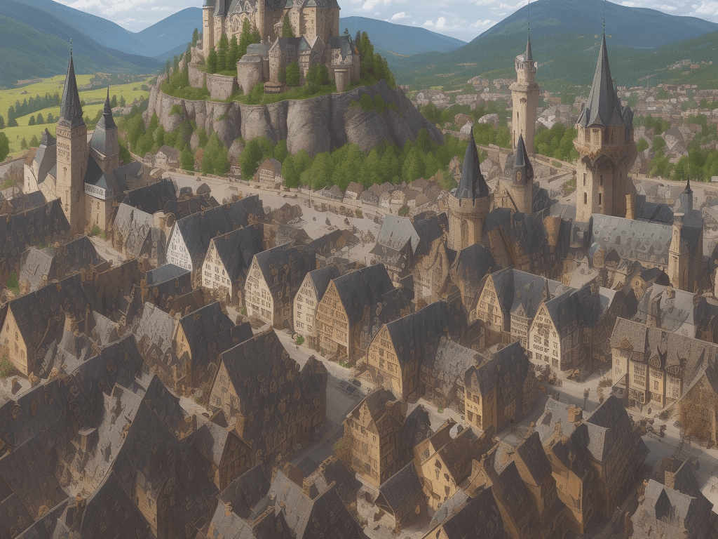 AI generated: a bustling medieval town, with a wide-angle camera perspective that captures the intricate details o...
