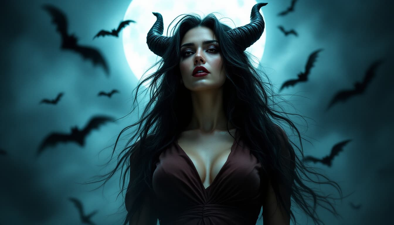 AI generated: a woman with long, dark hair and horns, wearing a brown dress, set against a dark, smoky background ...