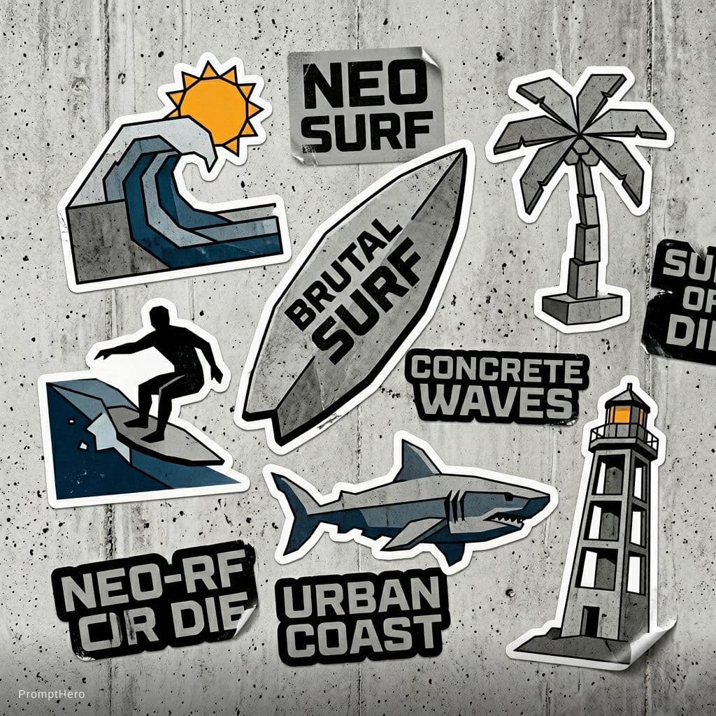AI generated: Neo brutalist surf-themed sticker pack for in a neo-brutalis
