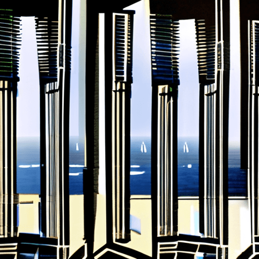 AI generated: silhouette eye level exterior photo of a Noir Art Deco City overlooking the ocean, daylight, indirec...