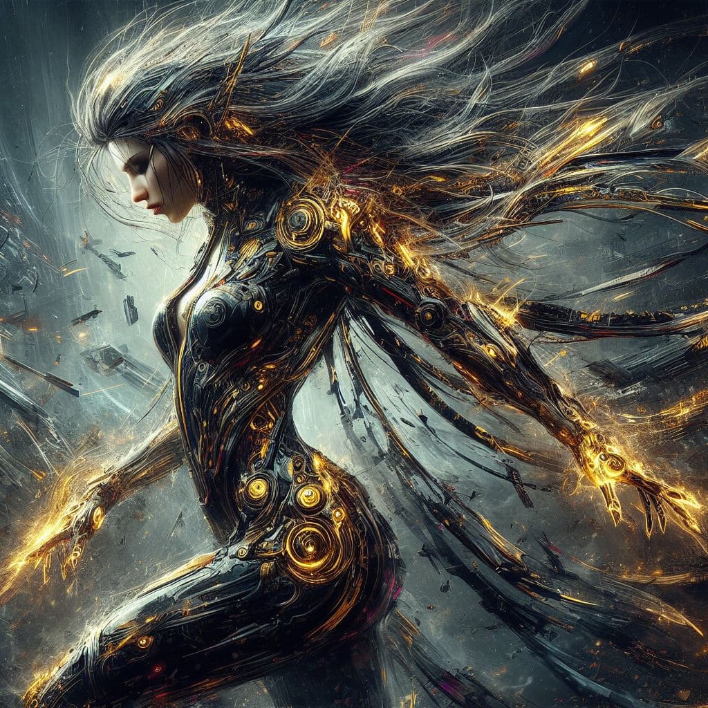 AI generated: painterly style, badass futuristic soldier gothic woman at war, wearing detailed cybersuit, characte...