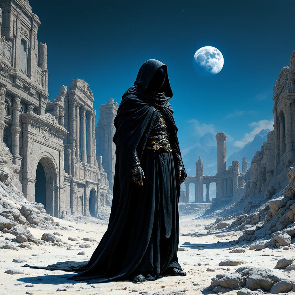 AI generated: A man in black futuristic robes stands on an alien planet. Ruins of ancient architecture can be seen...