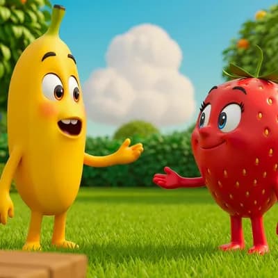 AI generated video: banano une banane humaines drole et énergétique rencontre fraiseta une fraise jouyeuse et chaleureus...