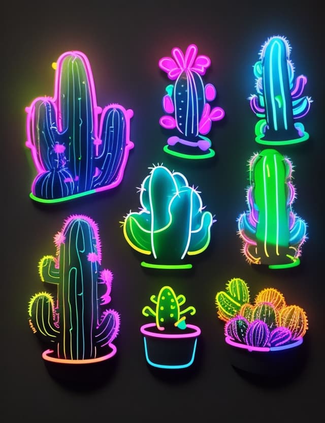 AI generated: 9 emoji neon small cactus glowing minimalist stickers, all the page full of stickers, accurate detai...