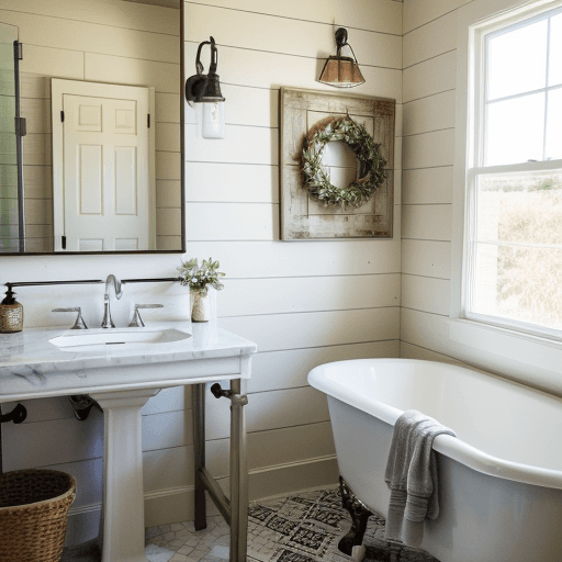 AI generated: high resolution photography, bathroom in modern farmhouse style, bright
