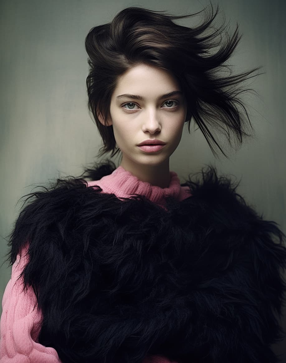 AI generated: beautiful woman, long hair in a pink sweater and black skirt, a portrait, inspired by Esaias Boursse...