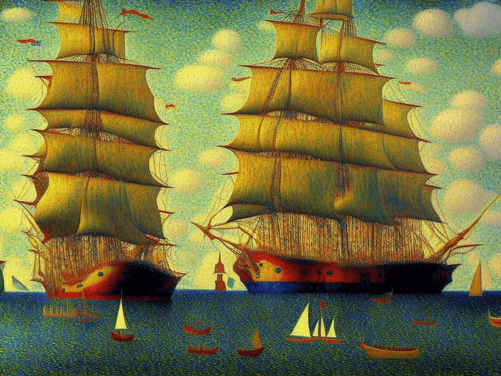 AI generated: A painting of a galleon, in the style of Georges Seurat, masterpiece, realistic, stunning, beautiful