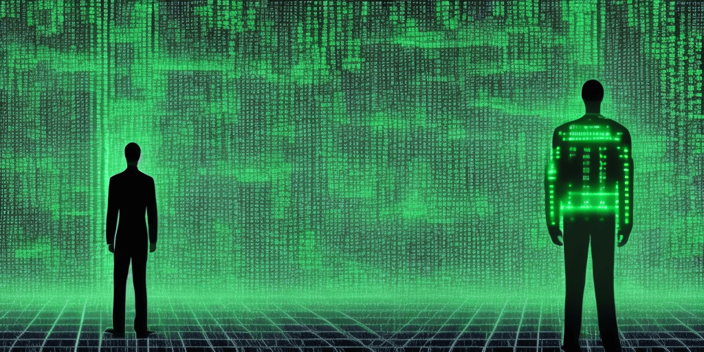 AI generated: A siluette of a programmer standing in front of AI technologies looking at the matrix code data holo...