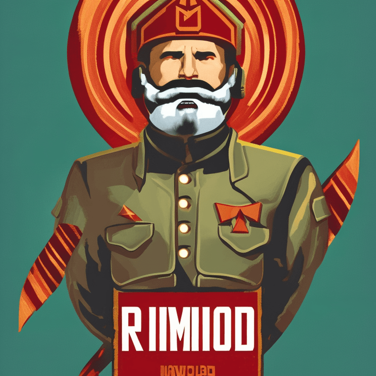AI generated: A Rimworld character featured in a Soviet Union propaganda recruitment poster| Bold colors and strik...