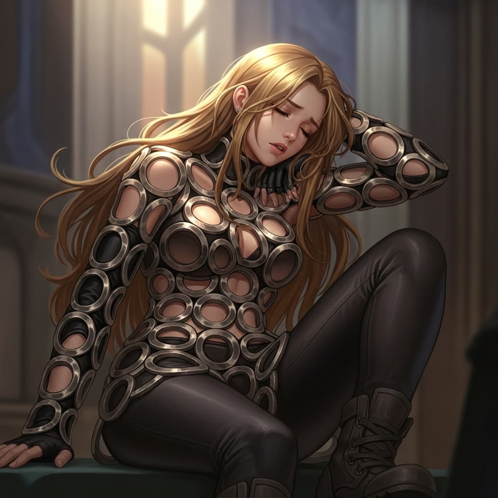 AI generated: Imagine a 20 yrs old girl mobile legends character, wearing a top that consists of big hollow circle...