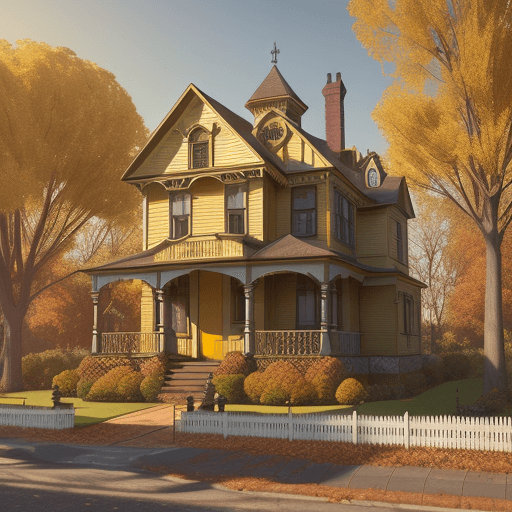 AI generated: A yellow Victorian house set on a fall autumn late afternoon, a few trees surrounding it, Pixar-like...