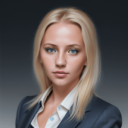 AI generated: portrait of a young woman in a dark blue business suit, blonde
hair, gray gradient background, photo...