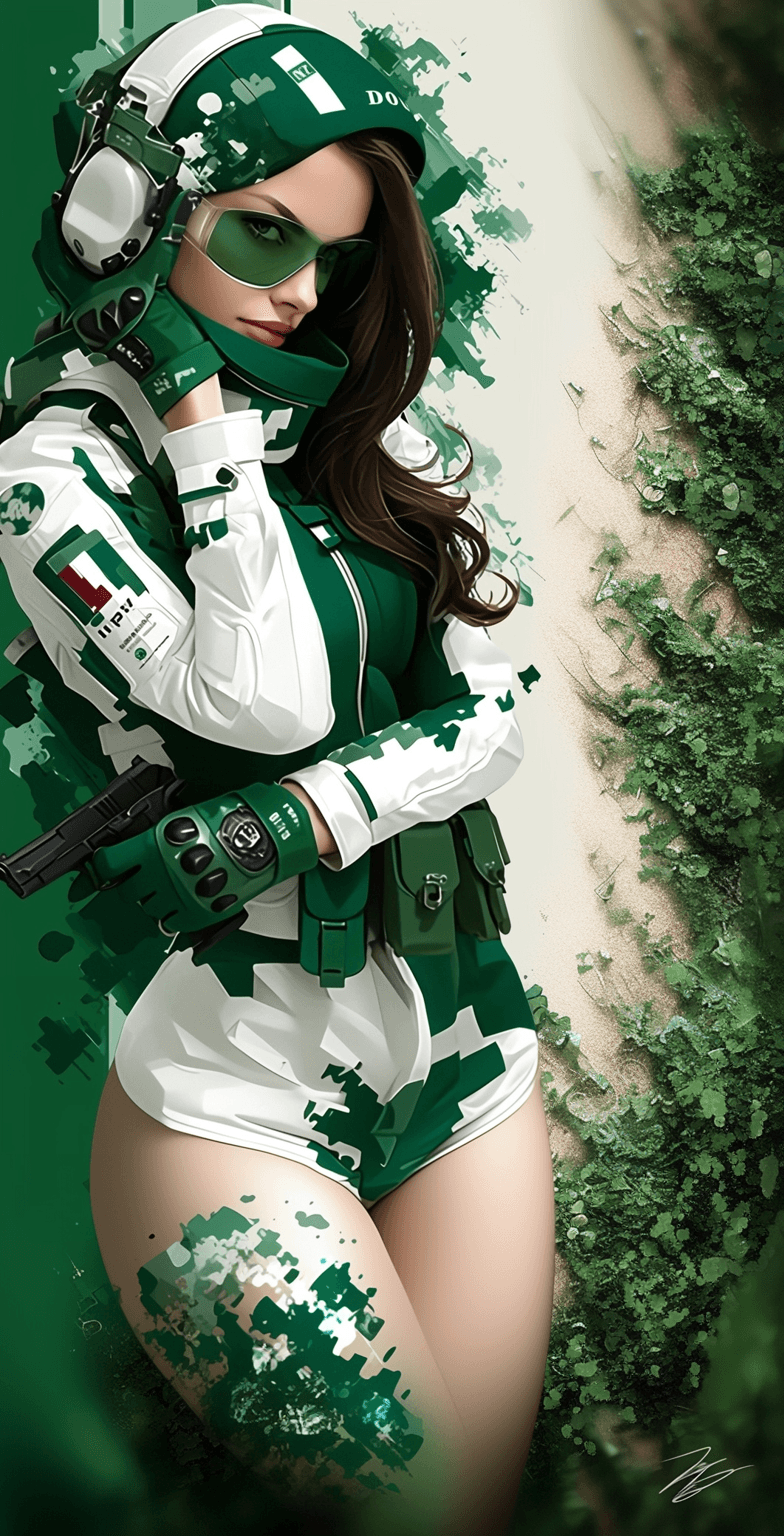AI generated: A pretty woman in a green and white uniform, wearing cyberpunk military gear and body armor, strikes...
