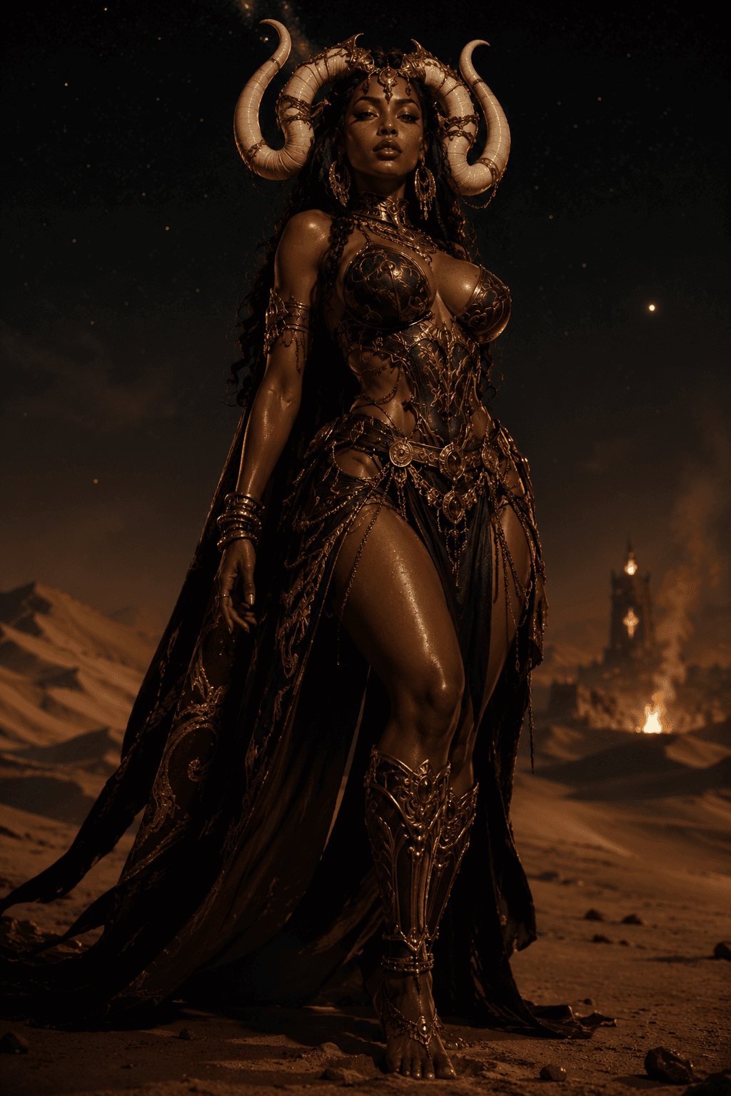 AI generated: atmospheric, full body shot, horned female villain, dramatic, large ornate looping horns (white), de...