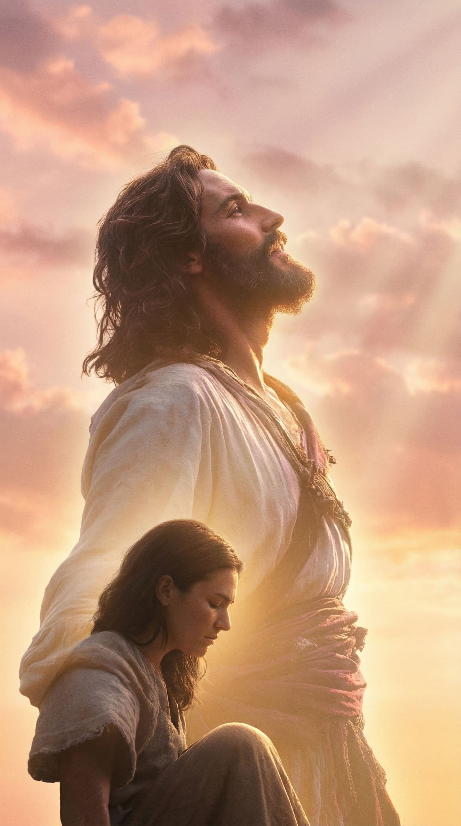 AI generated: Jesus Christ standing in soft golden light, slow rhythmic breathing motion, gentle glow expanding an...