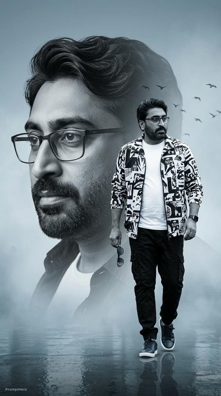 AI generated: Generate an utra-realistic cinematic poster of the uploaded handsome man with stylish wavy and well ...