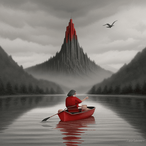 AI generated: 1 person in red is sitting in a boat on the river, the river is beside a mountain, there is a tower ...