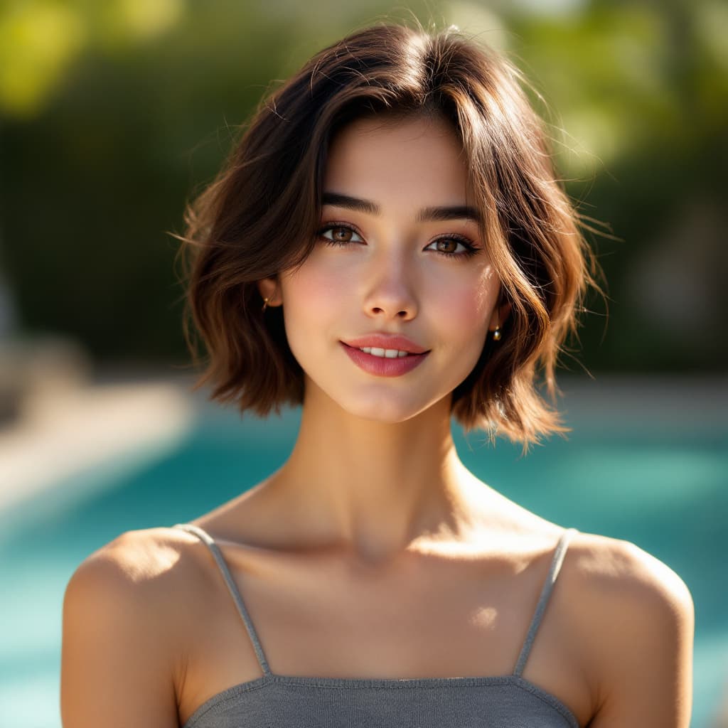 AI generated: A portrait of a young woman with short dark brown hair, wearing a grey spaghetti-strap top, standing...