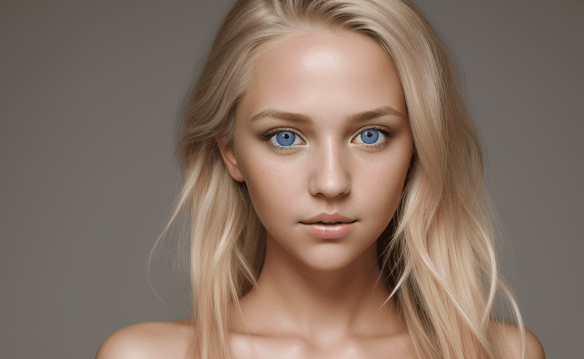 AI generated: full length beauty shot of young blonde woman with wild cropped blonde hair, natural detailed grey e...