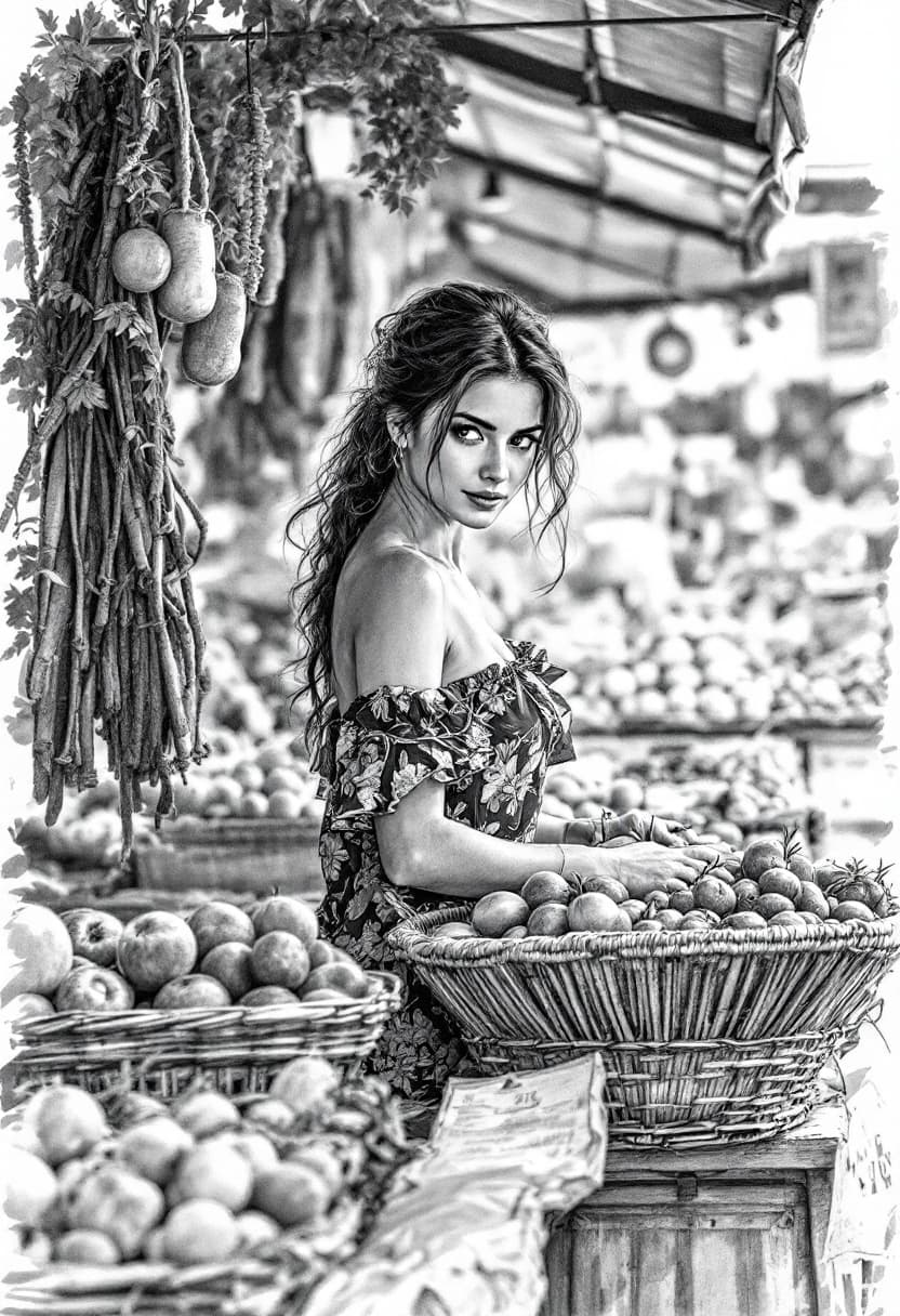 AI generated: Sketch, Beautiful Pencil Line Art, Artistic Brush Strokes, Beautiful, Market Vendor, Beautiful Girl ...