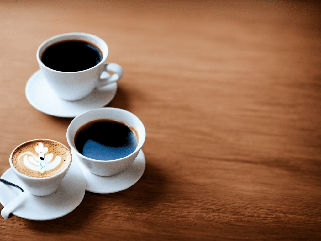 AI generated: A white cup of coffee stands on a wooden table against the background of bokeh, lights, a beige book...