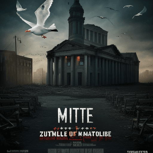 AI generated: A theatre poster seagull zombie apocalypse from the 2015 horror film and a city in ruined behind.