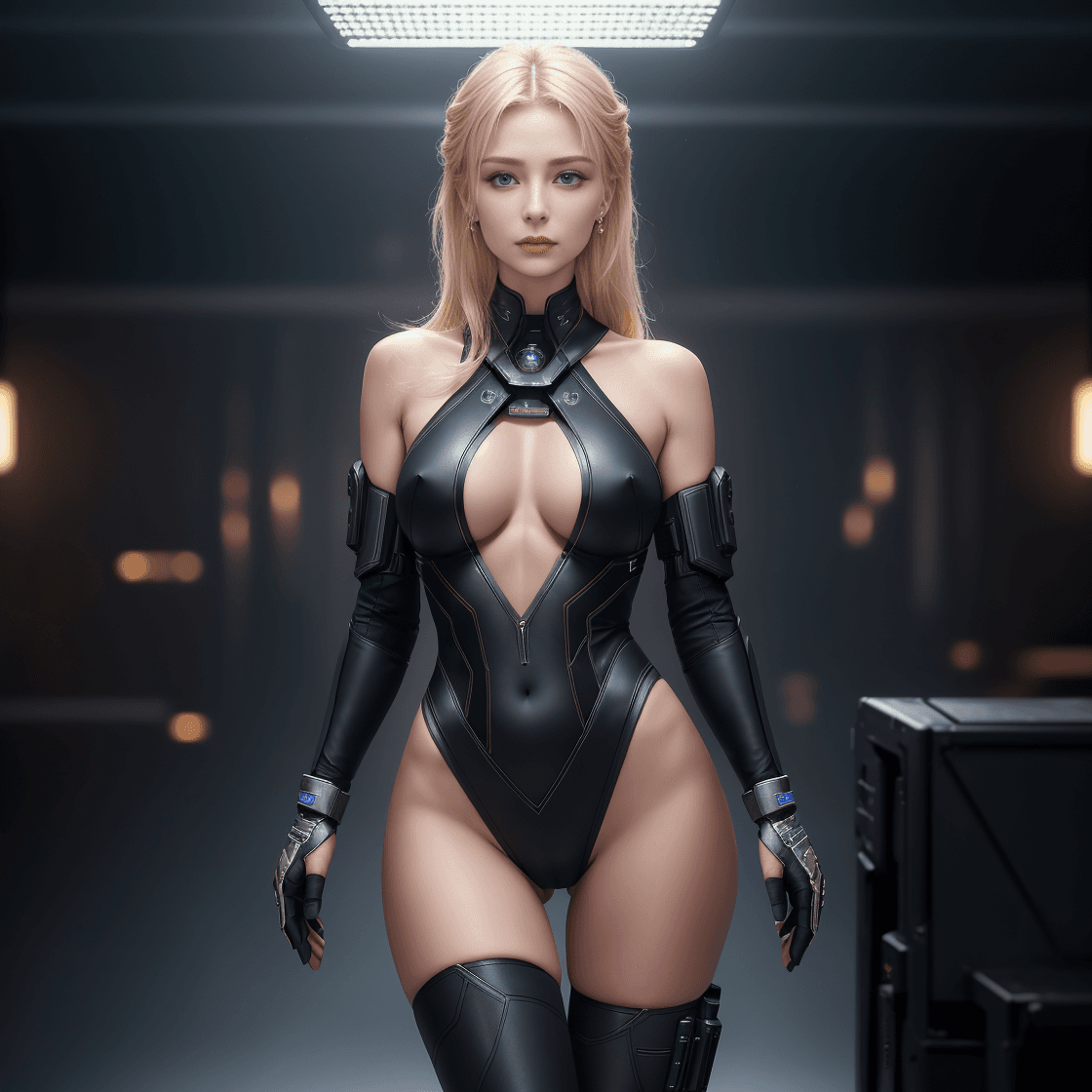 AI generated: russian woman cyberpunk, grace kelly:10 slender, blonde hair, hard nipples, sideboob, defined abs, t...