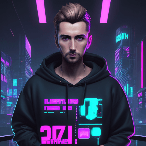AI generated: 30 year old man. short dark blonde hair, dressed in a casual hoodie, in the style of futuristic digi...