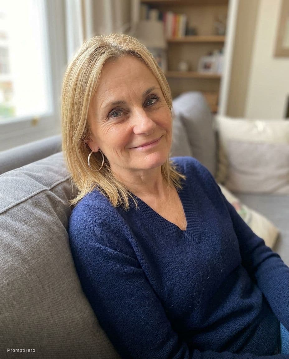 AI generated: Sitting on a couch, teasing cute, looking at camera, cleavage , front view