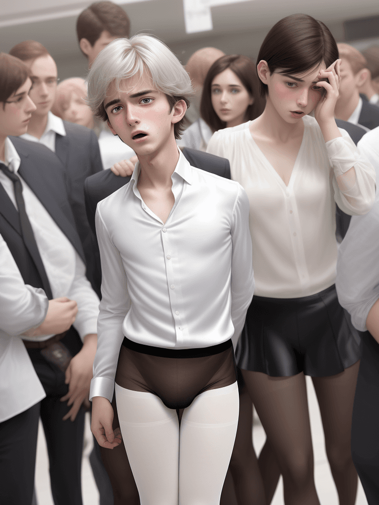 AI generated: 20 year old boy awakes and is surprised and embarrassed.  He is in a crowded public area wearing a v...