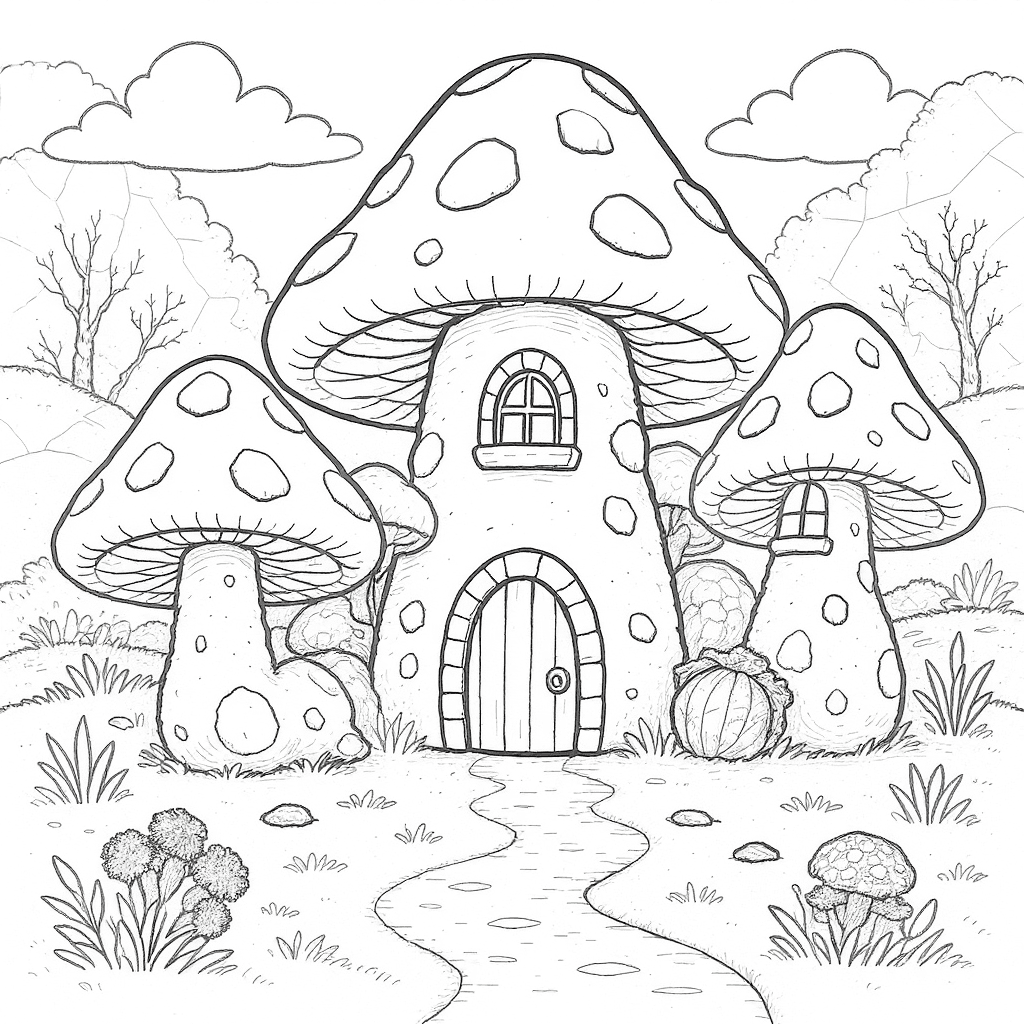 AI generated: Coloring page of mushroom village