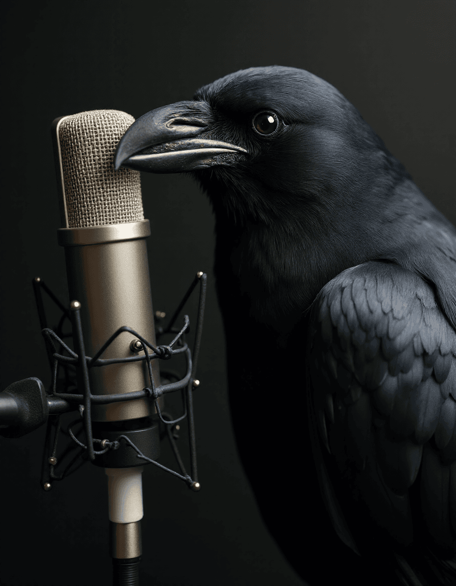 AI generated: raven crow and a condenser microphone neumann u87 edgy dark logo 4k dubber voice acting