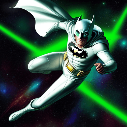 AI generated: george clooney as a white batman, flying through space with a green glow around him.