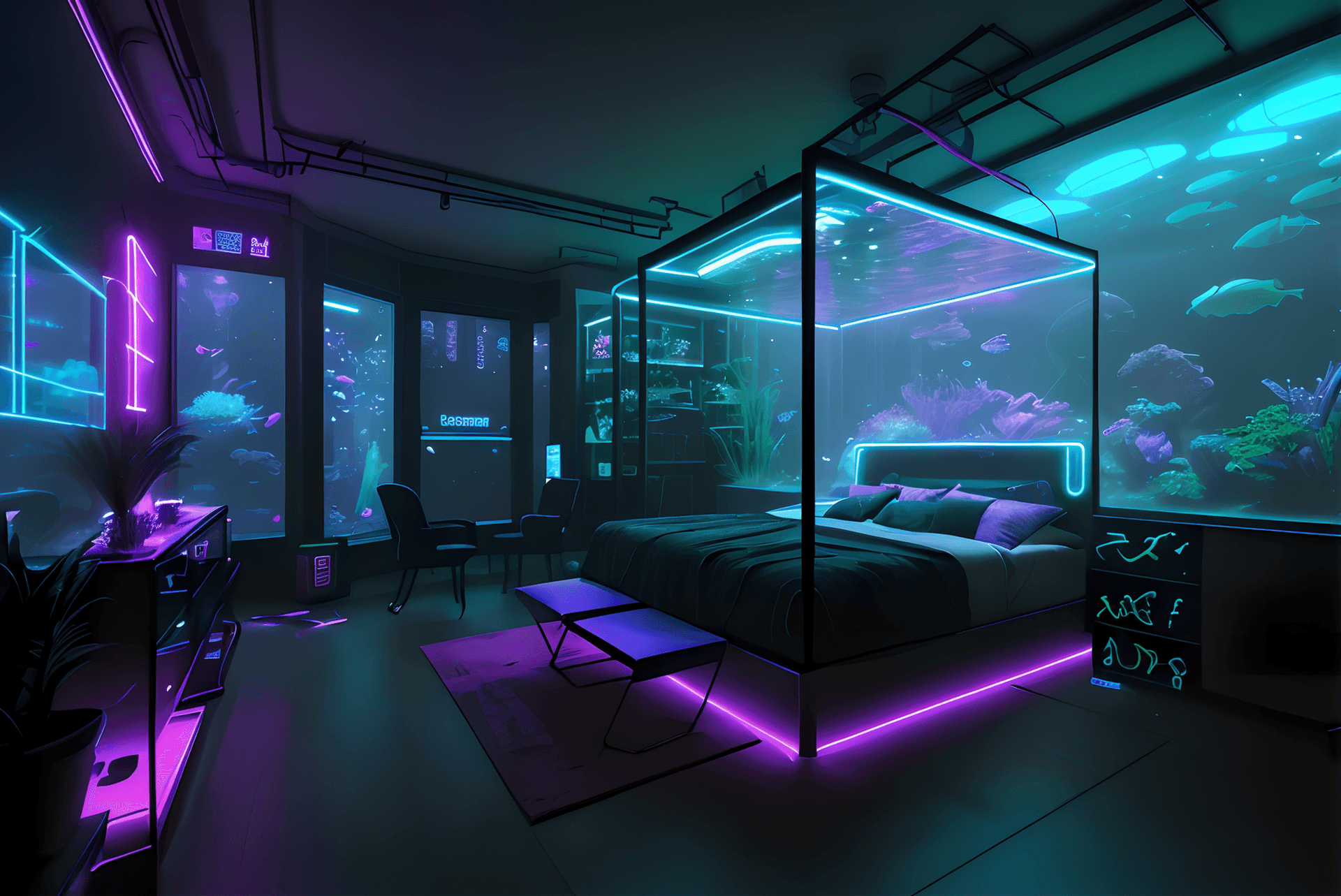 AI generated: Bedroom, cyberpunk-themed, lights reflecting, neon lights present, excellent lighting, plants, and a...