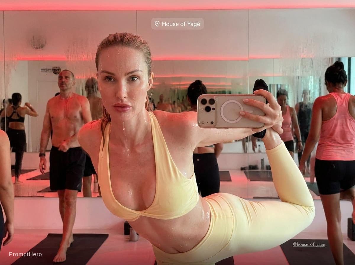 AI generated: keep facial features. hard bikram yoga session in profesional bikram yoga studio. sweaty. 
