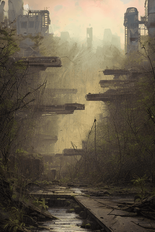 AI generated: rocky overgrown river canal in ruined apocalyptic sci-fi city, temples, sci-fi military ship,  flore...