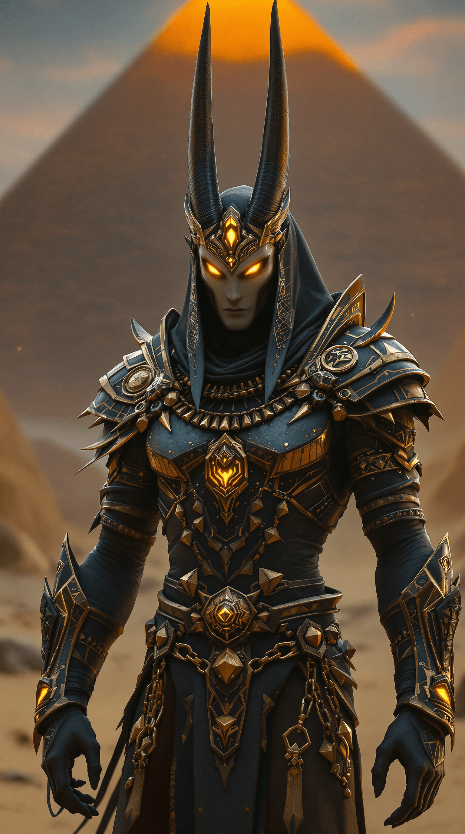 AI generated: anubis god egypt, background pyramid, glowing eyes, god, egypt, sand, heavy fantasy armor withe many...
