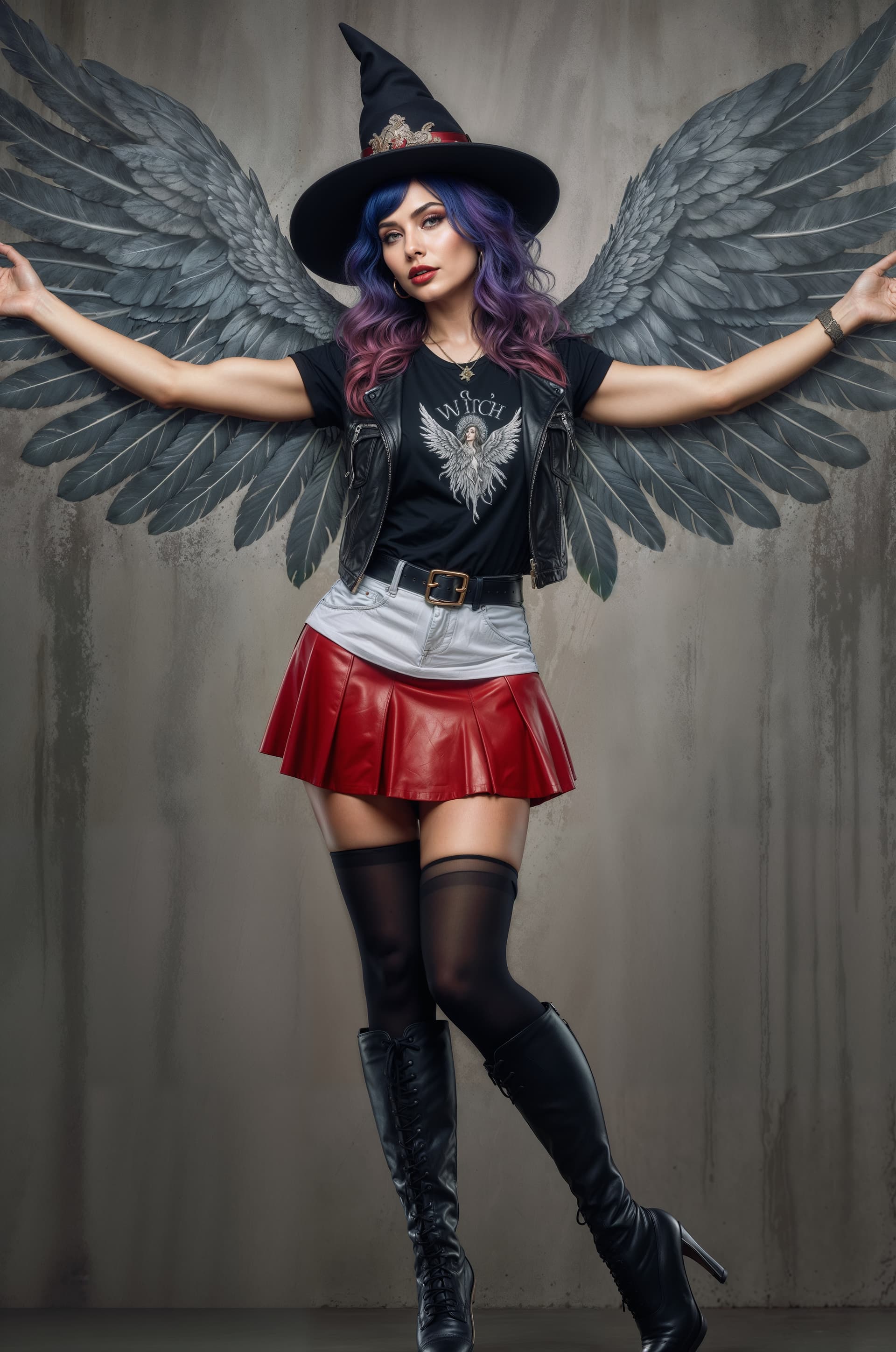 AI generated: A photorealistic gorgeous Witch woman with outstretched raven (gray) wings of beauty wearing a witch...